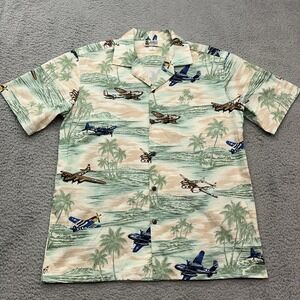 Aloha Republic Hawaiian Shirt Mens L Vintage USA Airplane WW2 Bomber Palm Trees